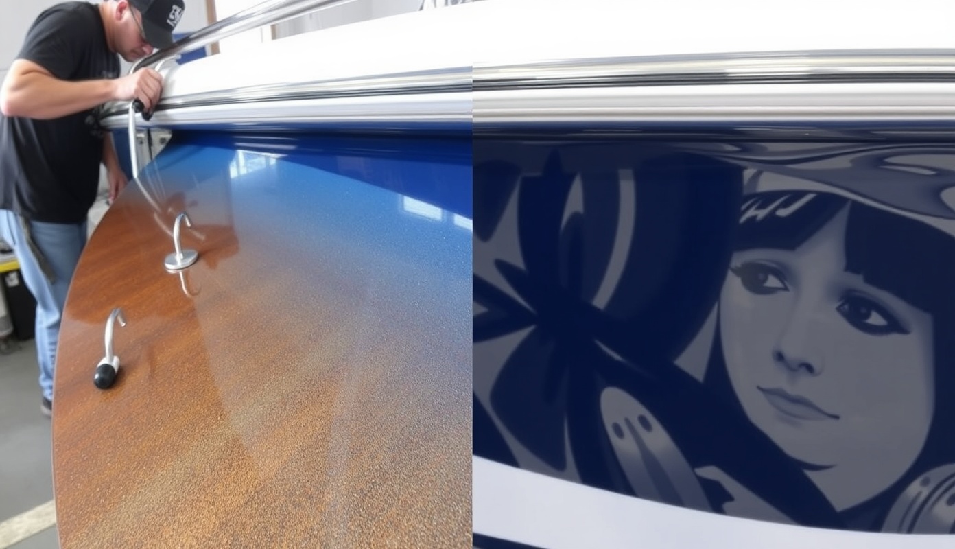 Professional gel coat restoration on boat in Treasure Valley showing oxidation removal and glossy restoration