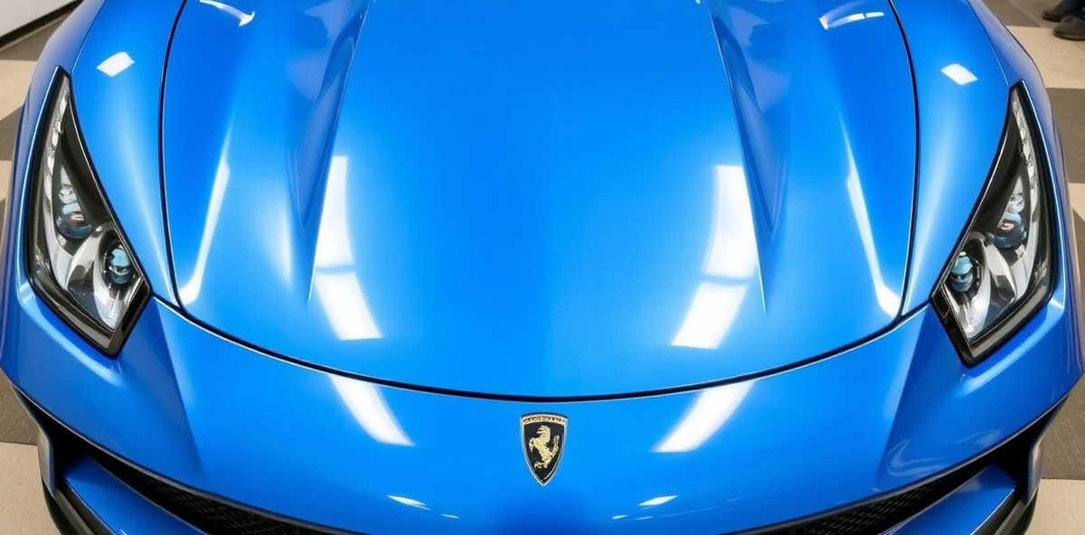 Luxury sports car with clear paint protection film applied to hood and bumper showing invisible crystal clear protective coating