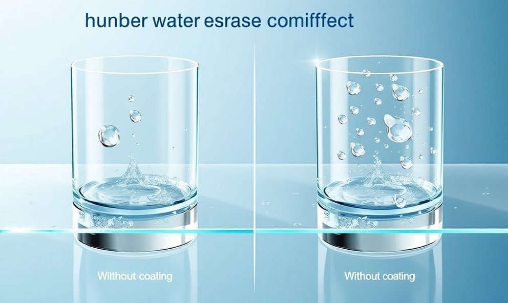 Hydrophobic water beading effect comparison diagram showing water droplets on coated vs uncoated surfaces