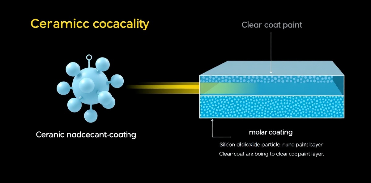 Ceramic coating molecular structure diagram showing silicon dioxide nano-particles bonding to clear coat layers