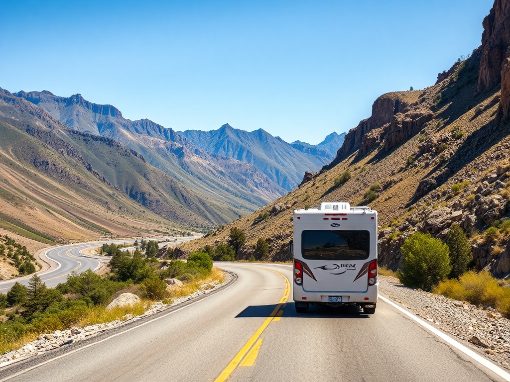 RV motorhome driving down winding mountain road through scenic landscape