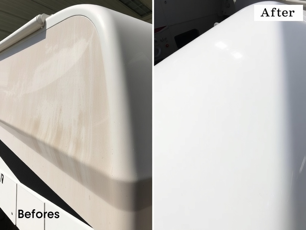 Before and after comparison of oxidized versus restored RV gelcoat
