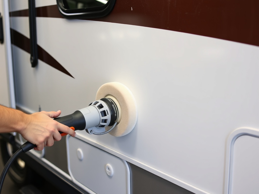 Dual-action polisher with foam pad being used on RV fiberglass