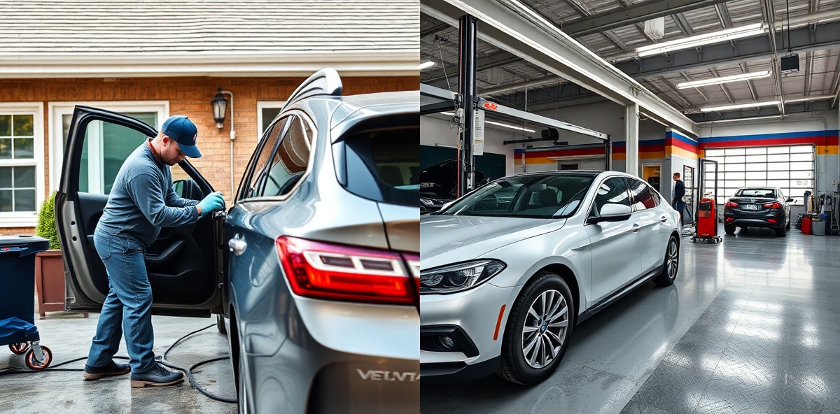 Mobile detailing crew working on vehicle vs traditional shop