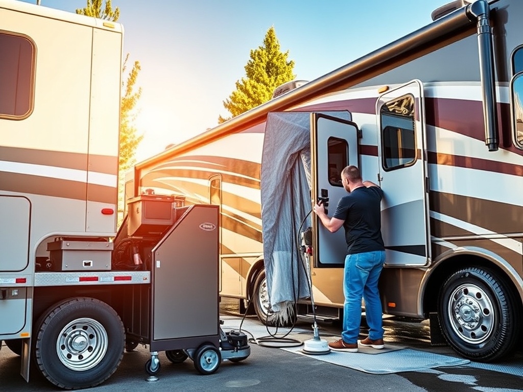 Mobile RV detailing in progress with professional equipment