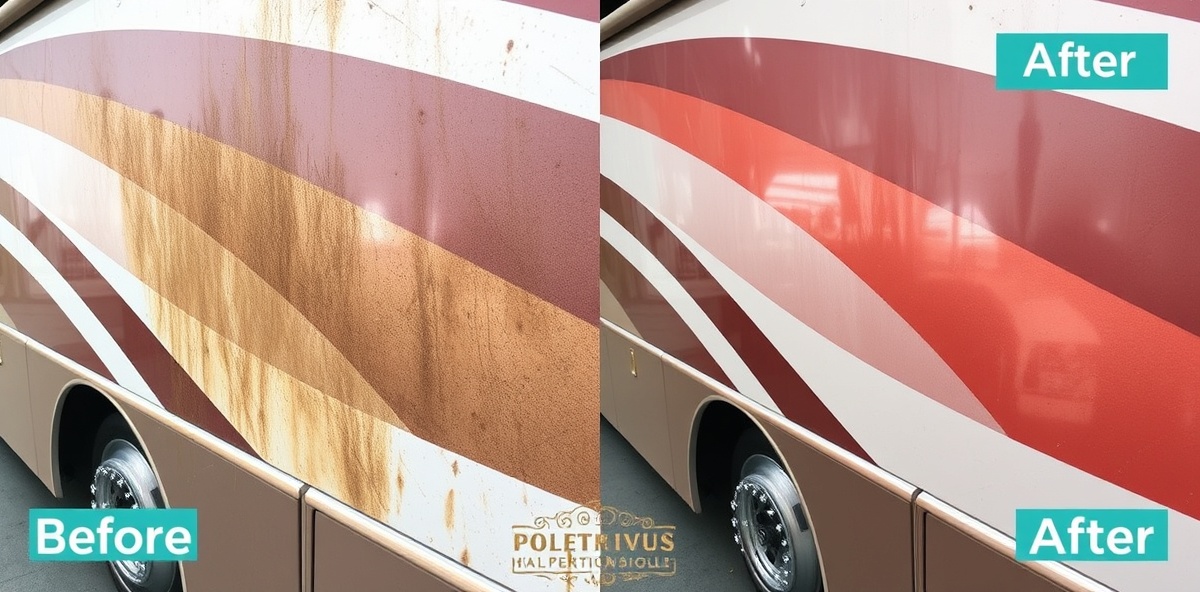 RV oxidation removal showing before and after restoration of oxidized RV paint