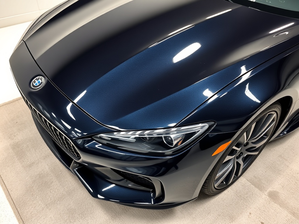 Luxury vehicle with professional ceramic coating showing ultra-glossy mirror-like paint finish and deep wet gloss