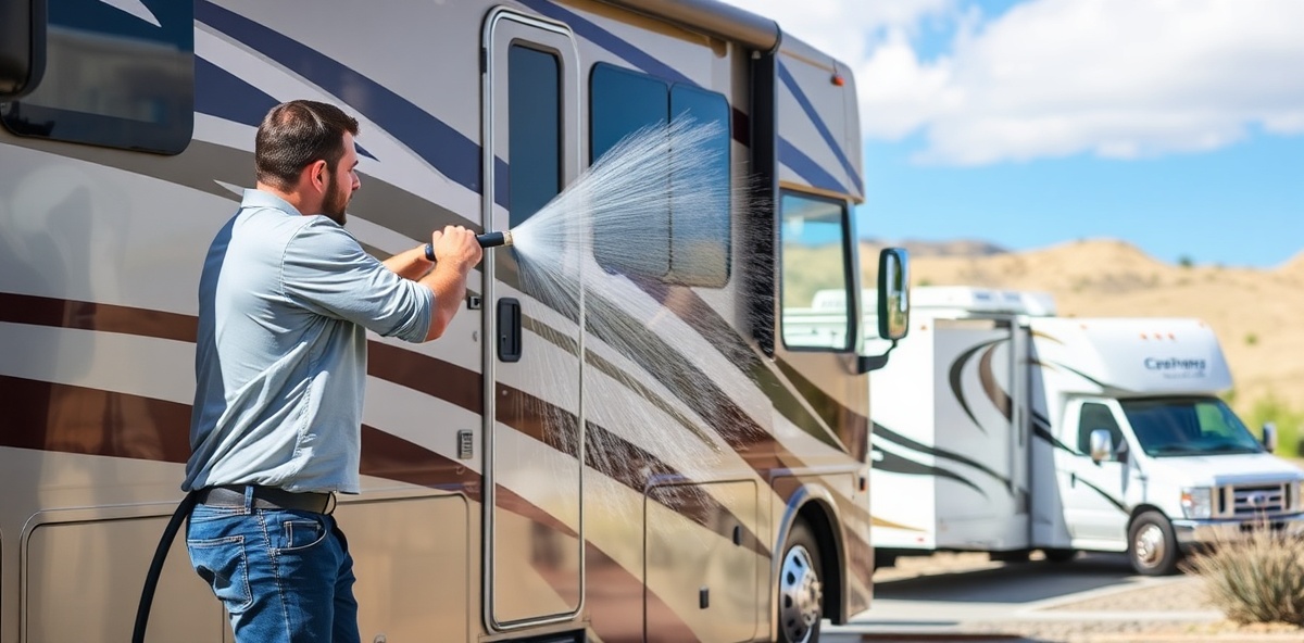 Professional mobile RV detailing service washing the exterior