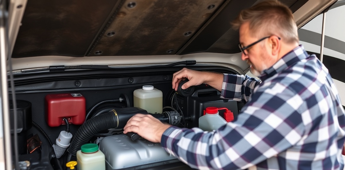 RV maintenance fluid checks and engine inspection