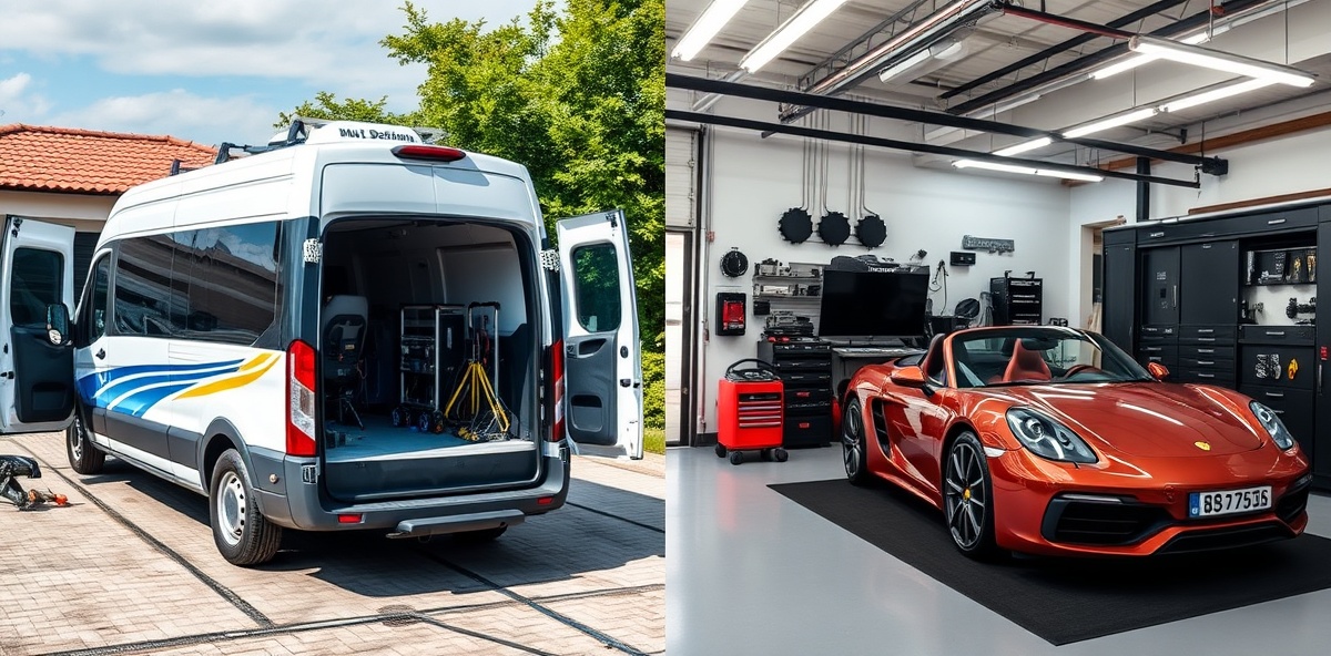 Mobile detailing van setup compared to professional shop interior for auto detailing services