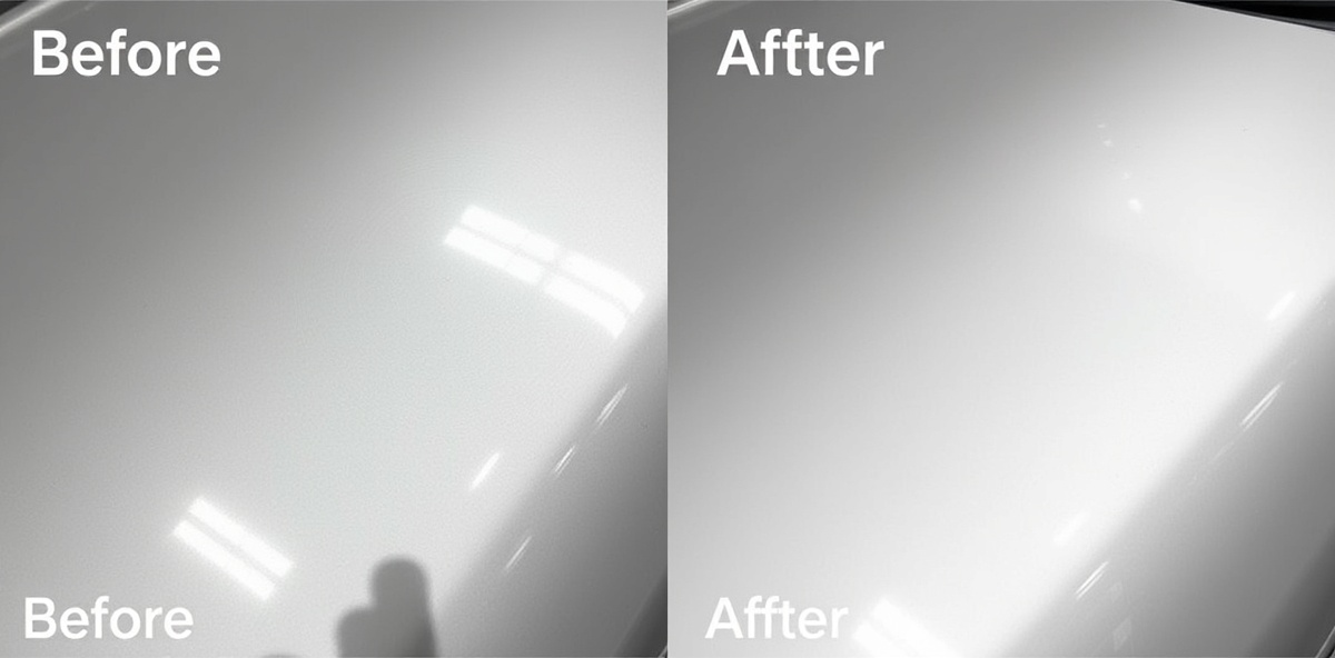 Before and after paint correction showing removal of swirls and scratches from vehicle paint