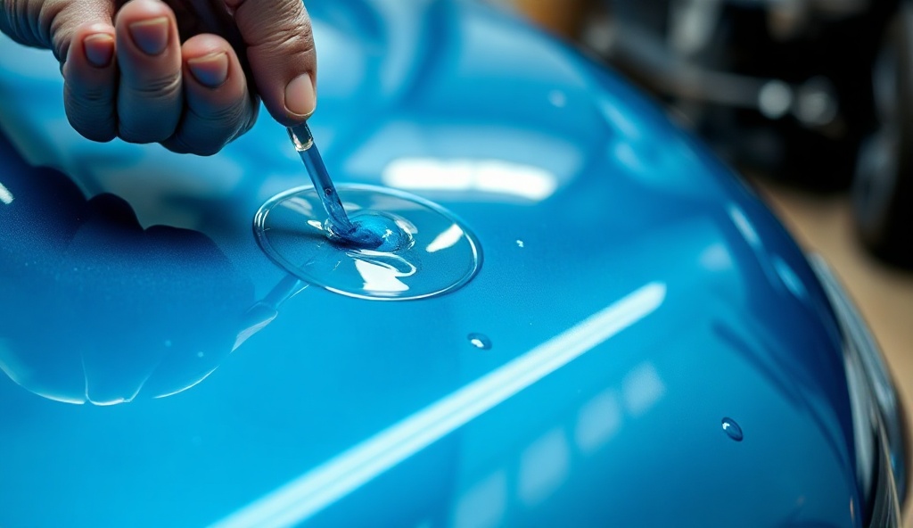 Close-up of ceramic coating application with water beading effect and premium gloss finish