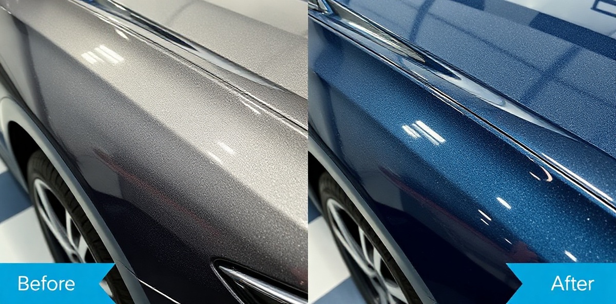 Split-screen comparison showing swirl-marked paint vs. pristine ceramic-coated finish