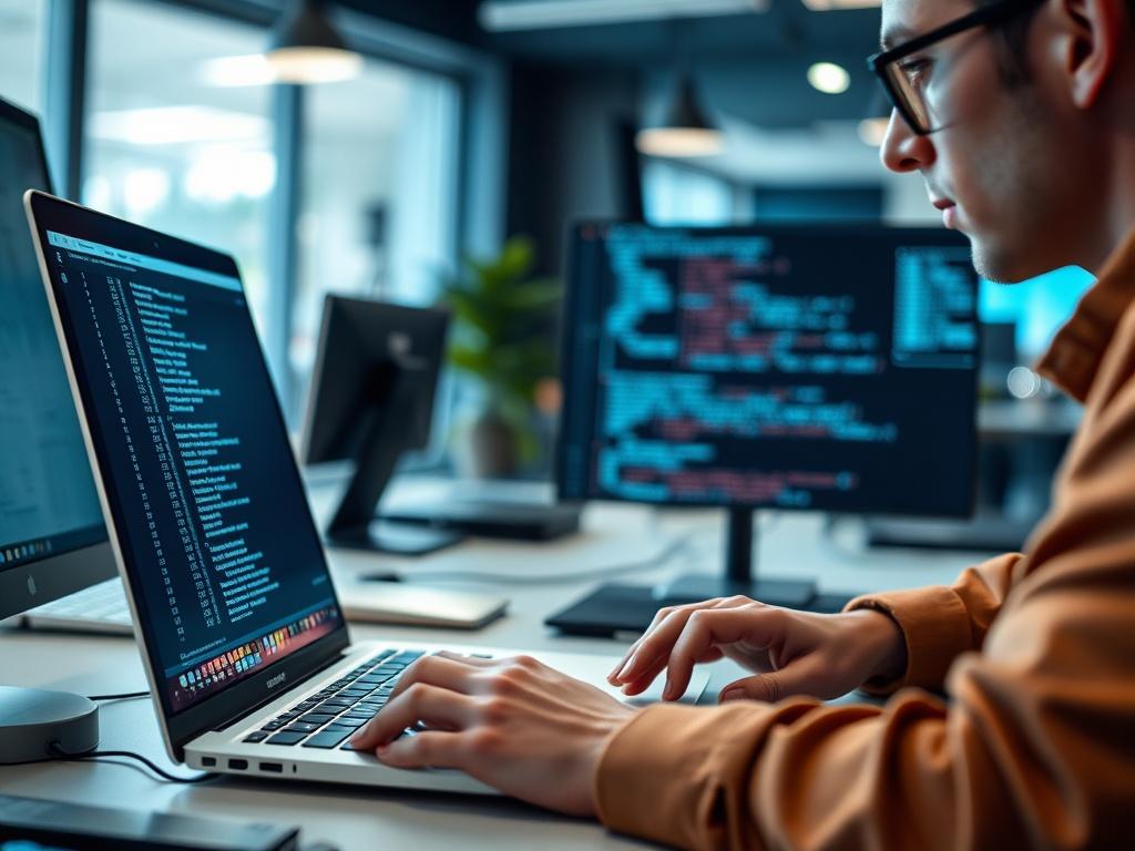 A close up shot of a developer coding on a