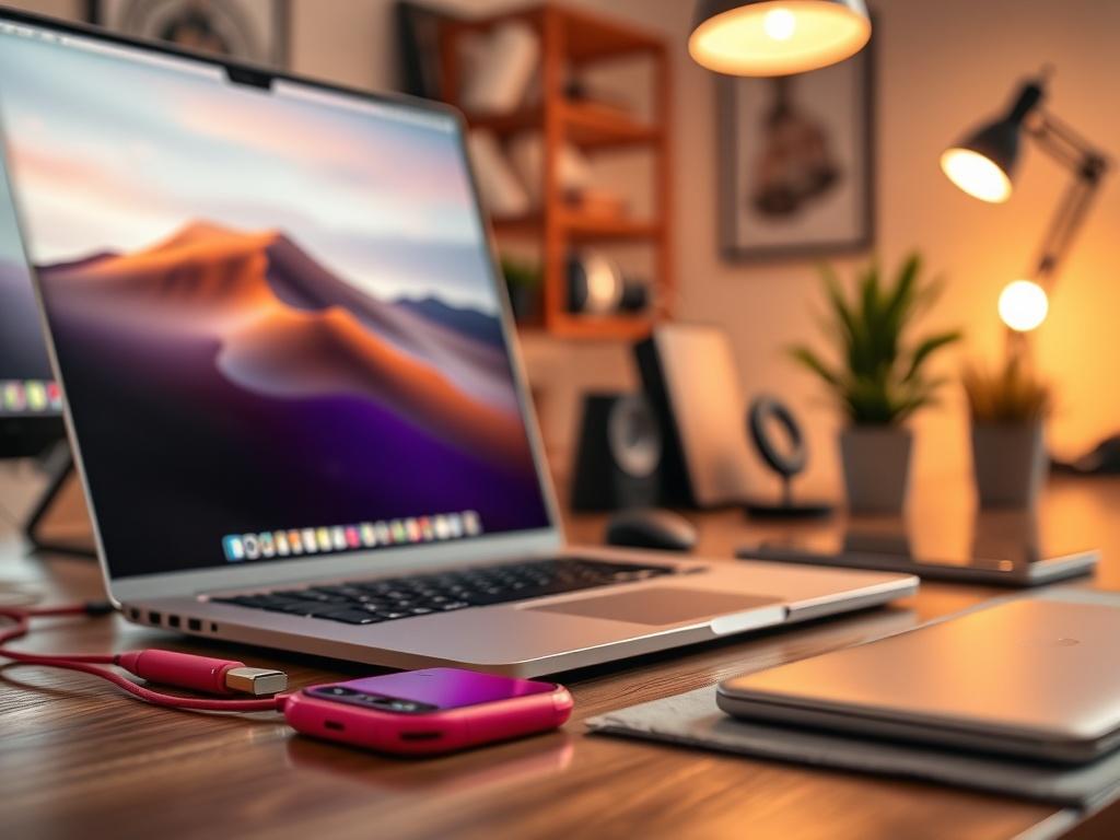 A hyper-realistic close-up shot of a modern computer setup, featuring a sleek laptop, vibrant phone accessories, and a stylish workspace. The background is softly blurred to emphasize the products, with warm lighting to create an inviting atmosphere. The shot is taken with a 45mm f/1.2 lens style, showcasing high resolution and detail.
