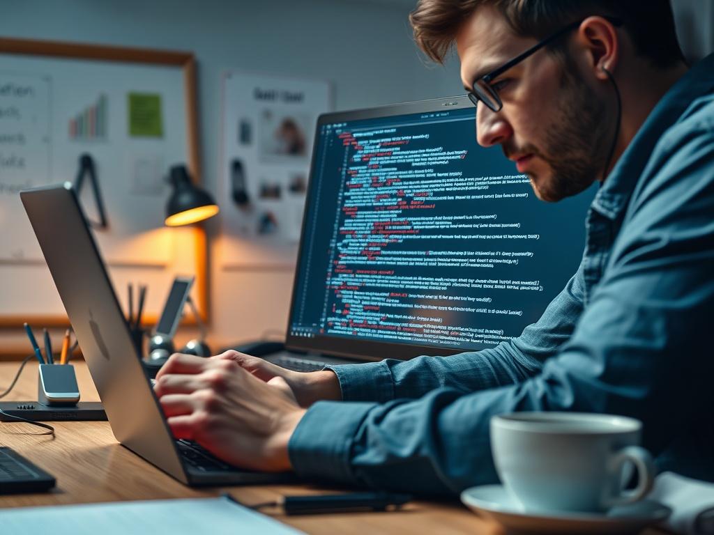 A hyper-realistic close-up image of a software developer working on a laptop, with lines of code visible on the screen. The developer is focused and engaged, surrounded by a modern workspace with tech gadgets. The background should feature elements like a whiteboard with project notes and a cup of coffee, creating a vibrant and productive atmosphere. The lighting should highlight the laptop screen and the details of the workspace.