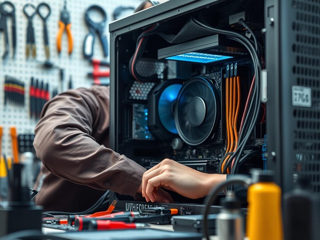A hyper-realistic close-up image of a technician working on a computer, with various tools and components displayed around them. The technician is focused on fixing the computer, with a clear view of the internal components like the motherboard and cables. The background should be organized, showcasing a clean workspace with tools neatly arranged. The lighting should emphasize the details of the computer's interior and the technician's hands at work.