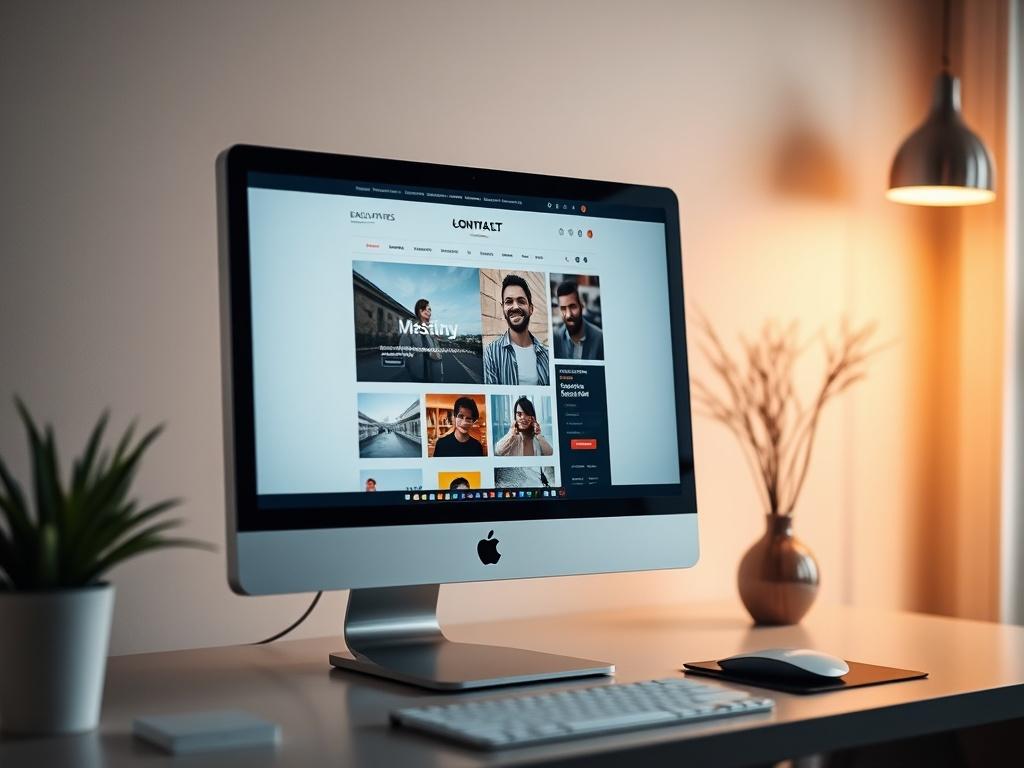 A hyper-realistic close-up image of a stylish and modern computer screen displaying a beautifully designed website layout. The screen should be crisp and clear, with vibrant colors, showcasing various sections like a header, images, and text. The background should be minimalistic and elegant, emphasizing the focus on the computer screen. The lighting should be soft, creating a warm and inviting atmosphere, with a focus on the details of the website design.