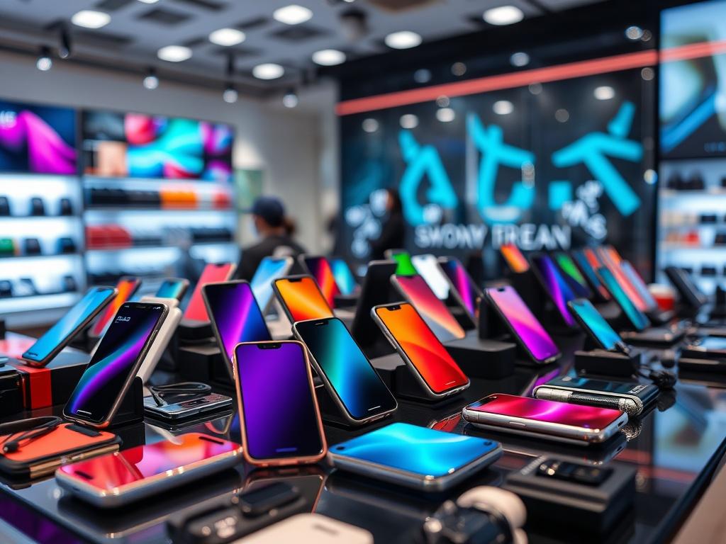 A close-up shot of a display table filled with various smartphones and accessories, featuring vibrant colors and sleek designs. The background should be a modern retail environment that emphasizes the tech theme, harmonizing with rgb(248, 140, 2).