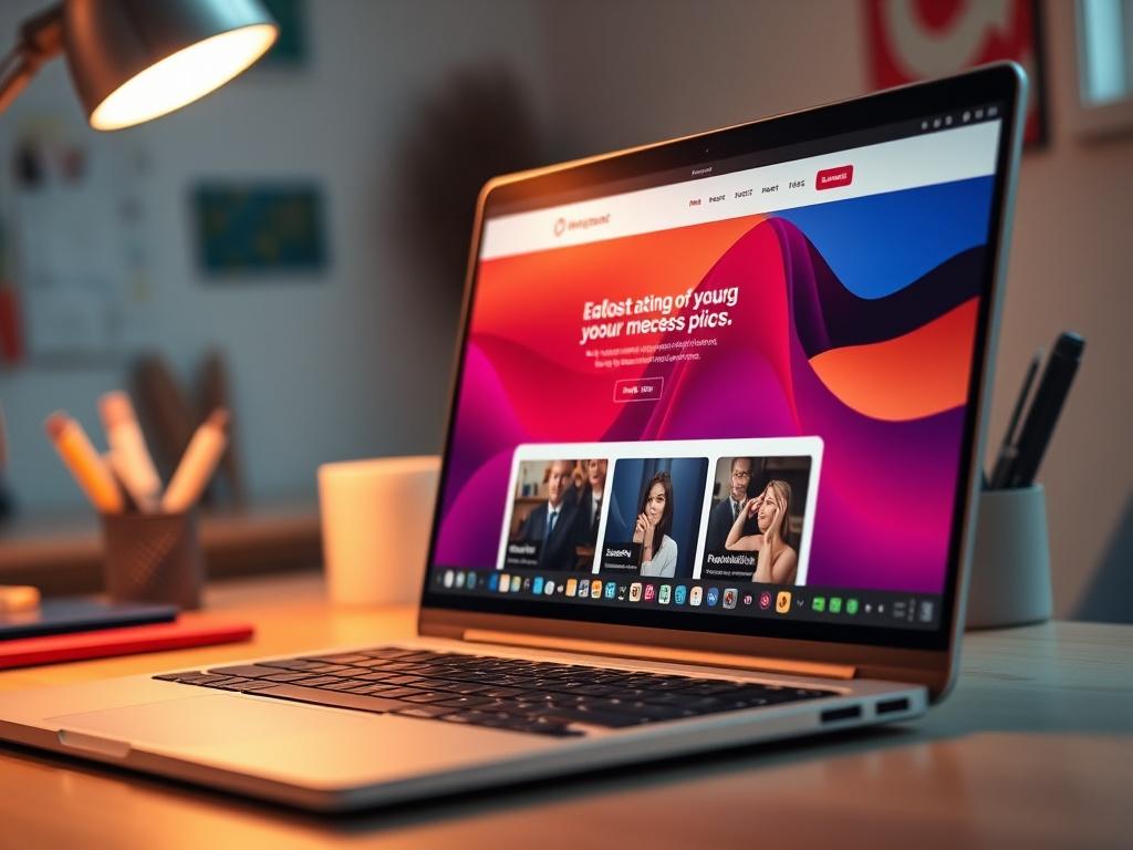 A close-up shot of a computer screen displaying a beautifully designed website on a modern laptop. The background should be a clean workspace with some office supplies, with a warm color tone that matches the rgb(248, 140, 2) primary color.