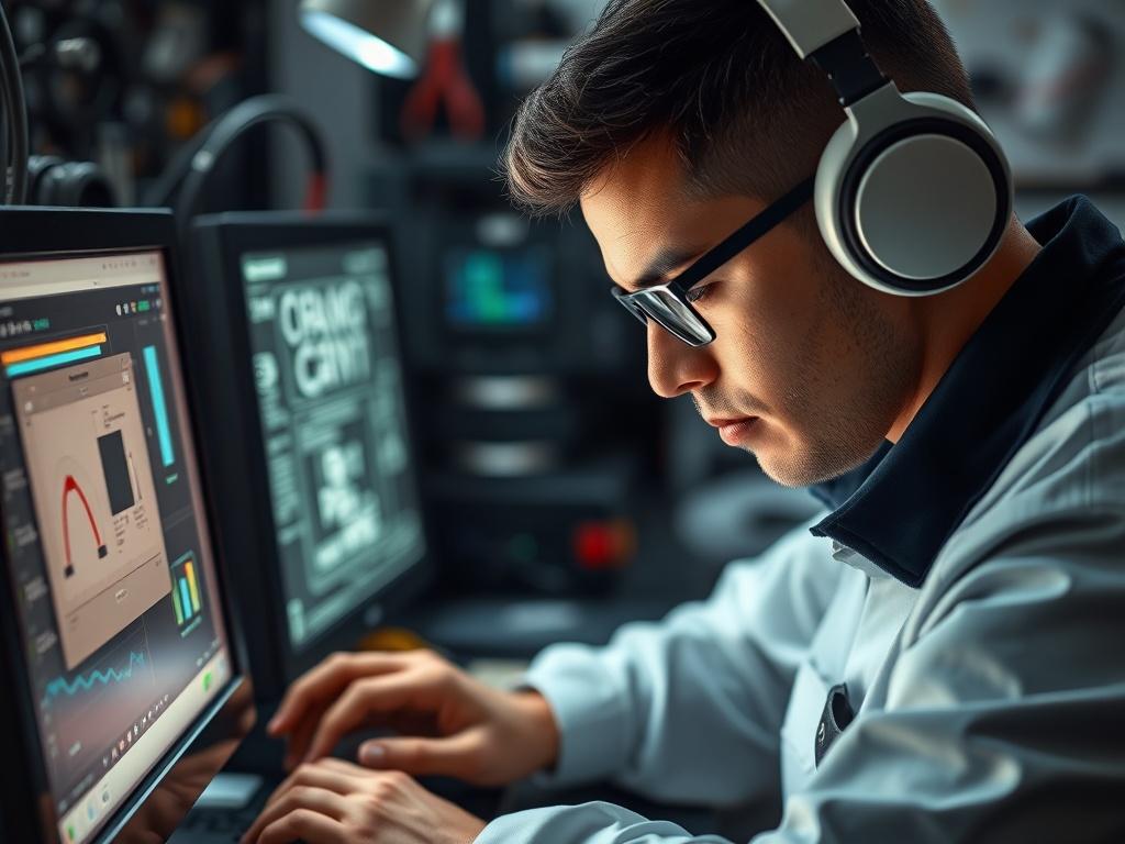 A close-up shot of a technician working on a computer, surrounded by tools and equipment in a tech repair environment. The image should convey professionalism and expertise, with a color palette that aligns with rgb(248, 140, 2).
