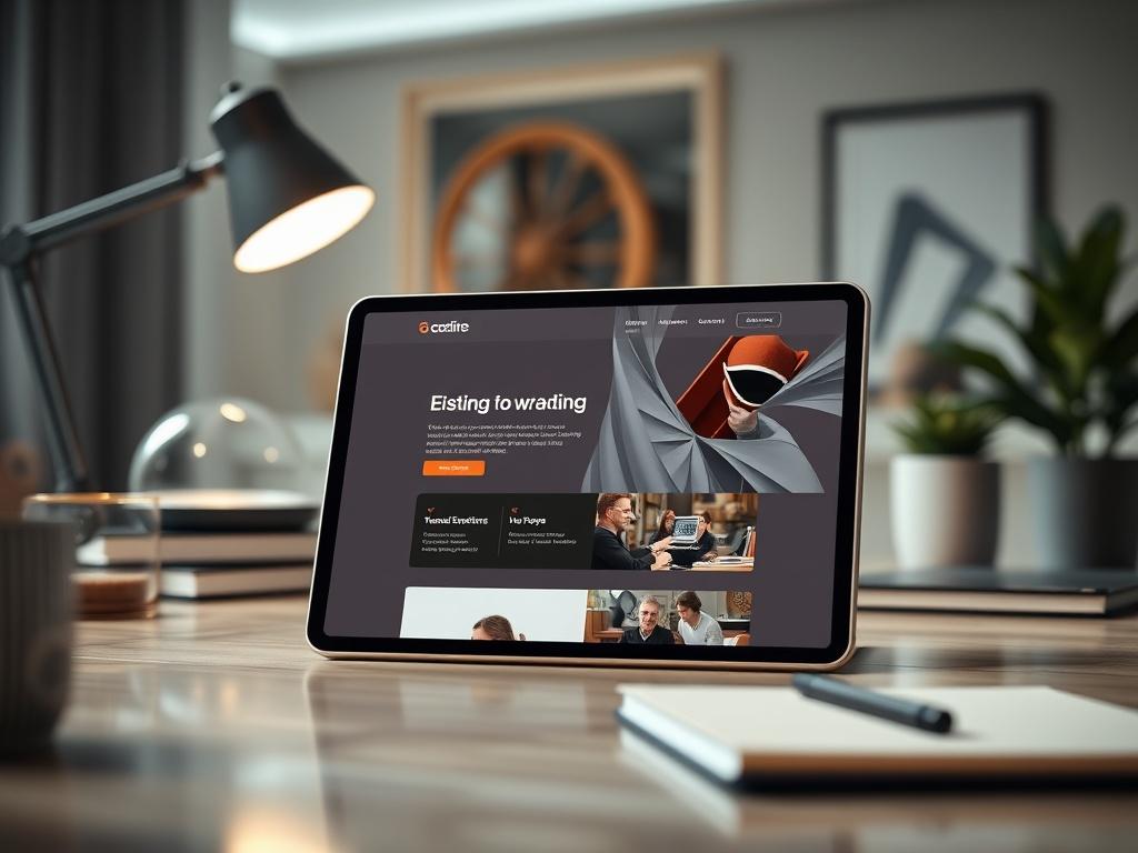 A hyper-realistic close-up shot of a website's landing page on a tablet, displaying clear calls to action. The background should be an elegant workspace with soft lighting, showcasing modern design elements. The primary color rgb(248, 140, 2) should be present in the landing page design.