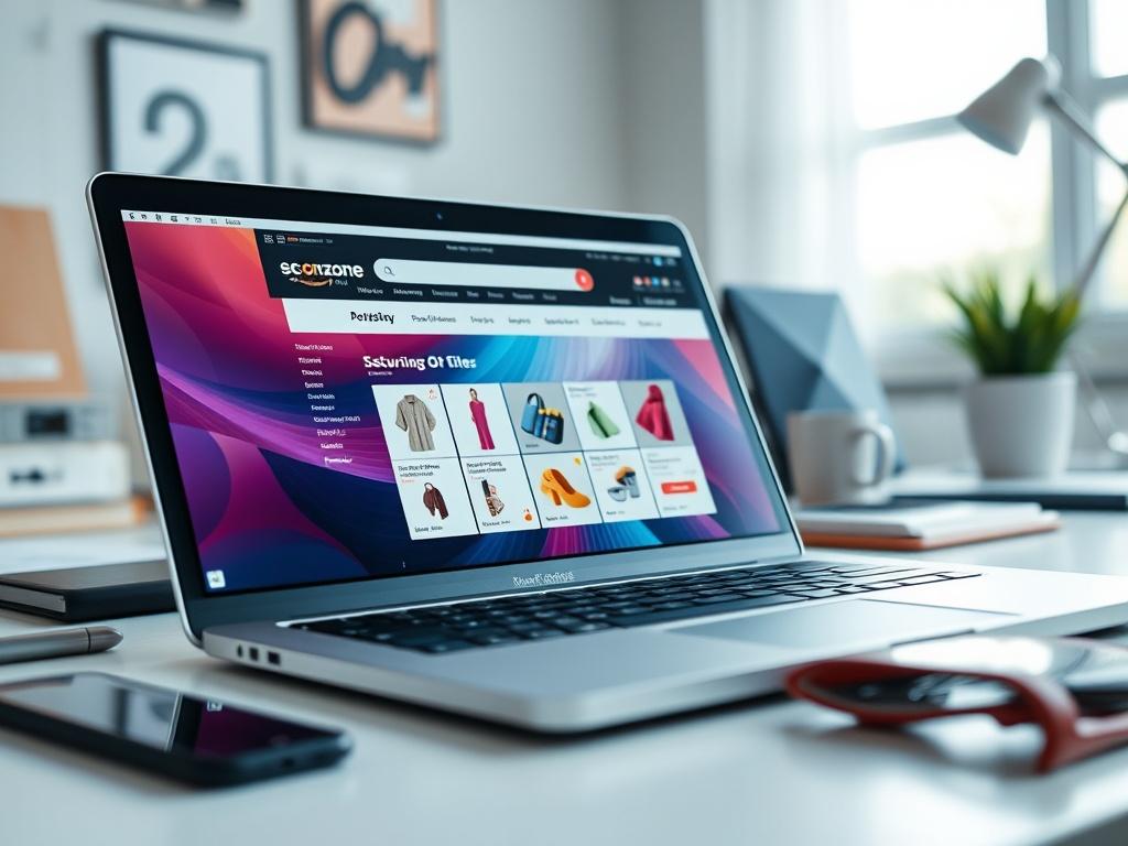 A hyper-realistic close-up shot of an e-commerce website on a laptop screen, showcasing a vibrant interface with products displayed. The background should be a clean workspace with a blurred effect, emphasizing the laptop. The image should reflect the color rgb(248, 140, 2) in the design elements.