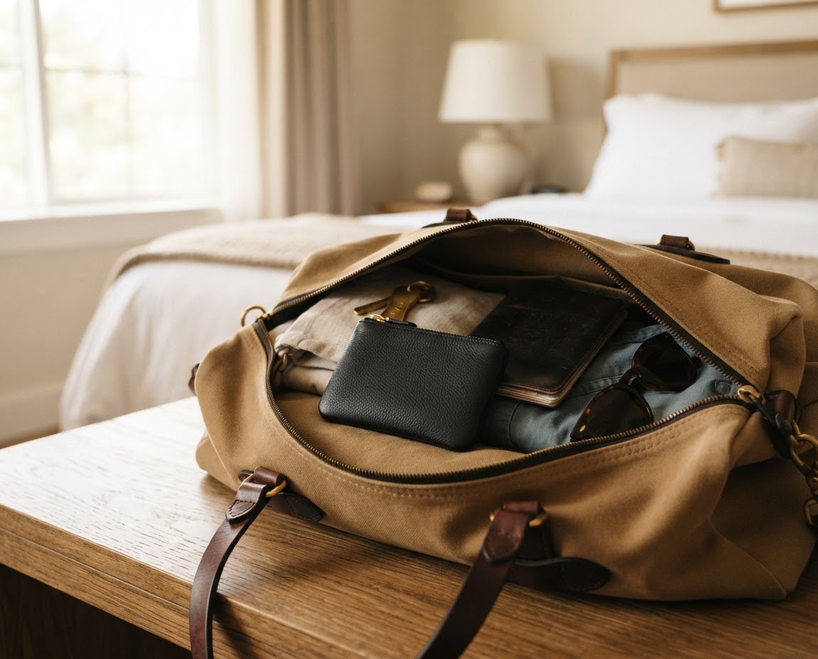 Coin wallet tucked among travel essentials in a canvas weekender
