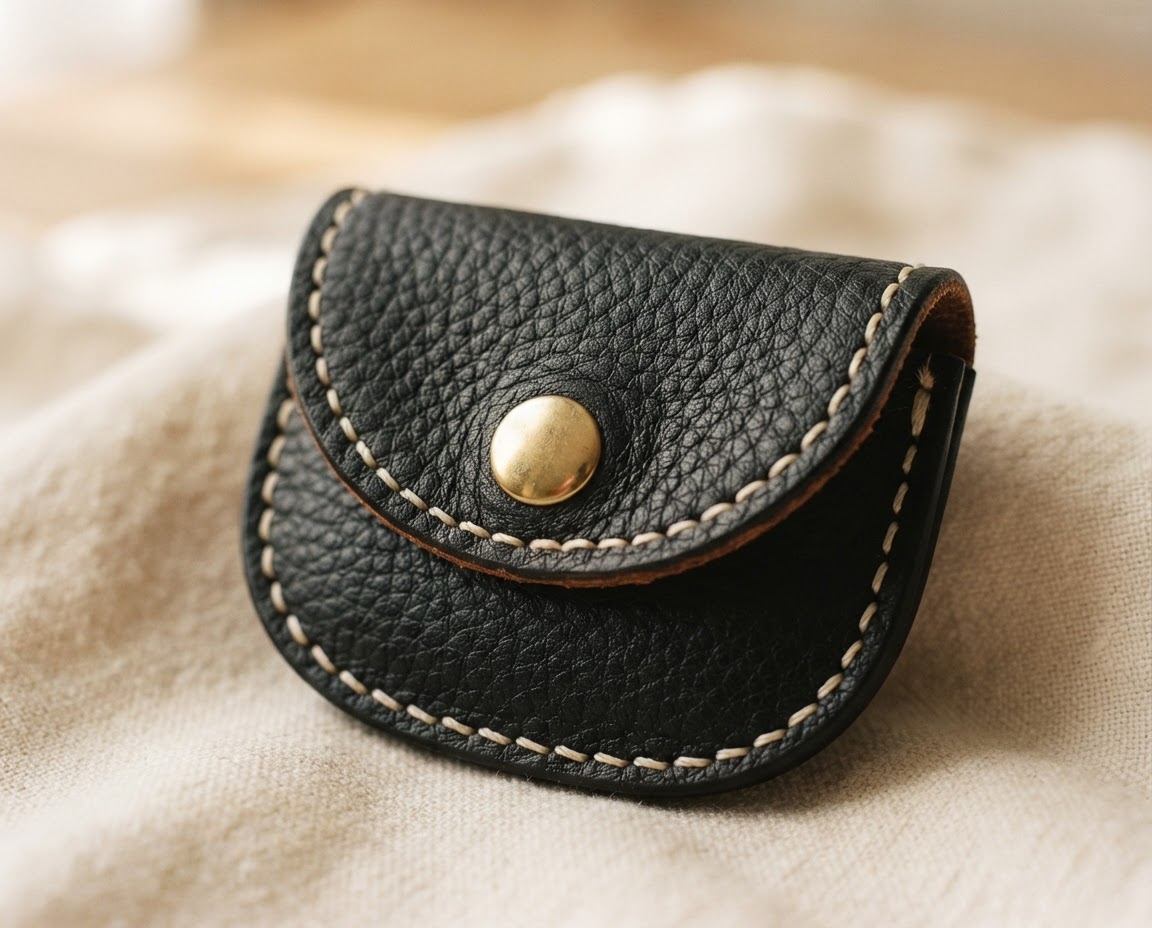 Close-up of pebbled black leather and polished brass snap