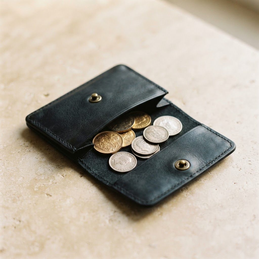 Open black leather coin wallet with coins on a warm stone surface