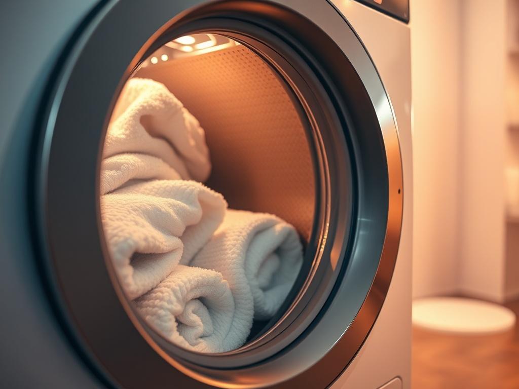 A close-up shot of a modern dryer door partially open, showcasing a clean interior filled with fluffy, freshly dried towels. The background is softly blurred to highlight the dryer, with a warm, inviting light illuminating the scene. The image should be rendered in hyper-realistic detail, capturing the textures of the towels and the sleek design of the dryer, optimized for an RGB color of (237, 107, 33). The composition should be simple and clear, focusing solely on the dryer.