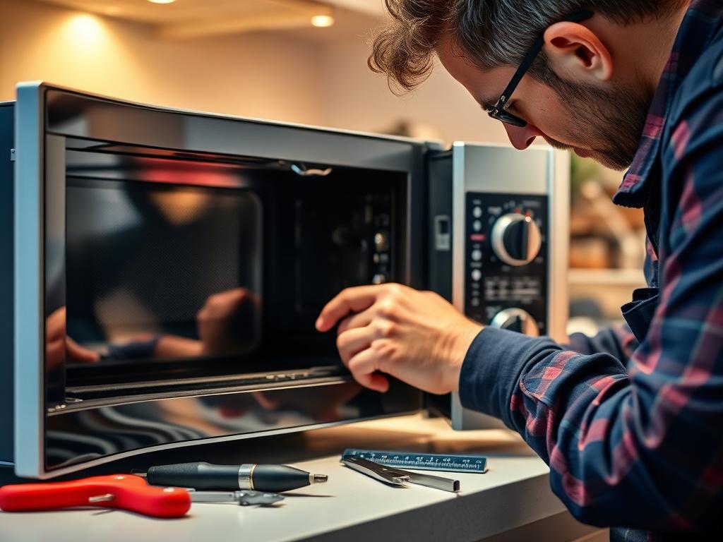 A highly detailed close-up shot of a skilled technician repairing a microwave. The technician is focused on the microwave, with tools laid out neatly beside them. The background is a softly blurred kitchen setting, highlighting the appliance in need of repair. The lighting is bright and inviting, emphasizing the technician's expertise and the quality of the service. The image should capture the technician's hands skillfully working on the microwave, showcasing both precision and professionalism.