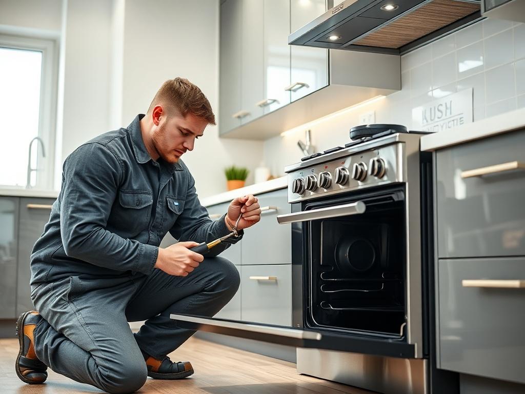 A skilled technician focused on repairing a stove in a modern kitchen setting. The technician, wearing a uniform, is kneeling beside the stove with tools in hand, inspecting the appliance closely. The kitchen is bright and well-lit, with a clean countertop and stylish decor. The background should be simple, emphasizing the technician and the stove. The image should be shot with a 45mm f/1.2 lens for a hyper-realistic close-up effect.