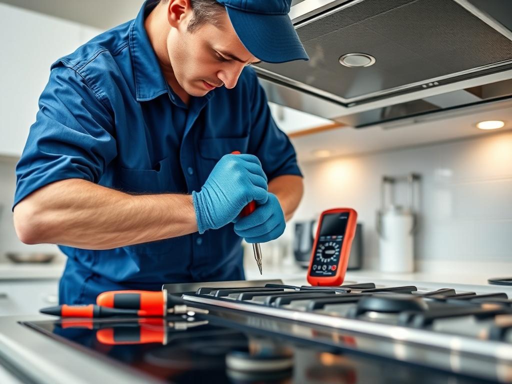 A close-up shot of a skilled technician repairing a modern stainless steel stove. The technician is wearing a blue uniform and safety gloves, focused on adjusting the internal components of the stove. Tools like a screwdriver and a multimeter are neatly arranged nearby. The background is a clean, well-lit kitchen, emphasizing the appliance being worked on. The image should have a hyper-realistic style, shot with a 45mm f/1.2 lens, to highlight the details of the repair process.