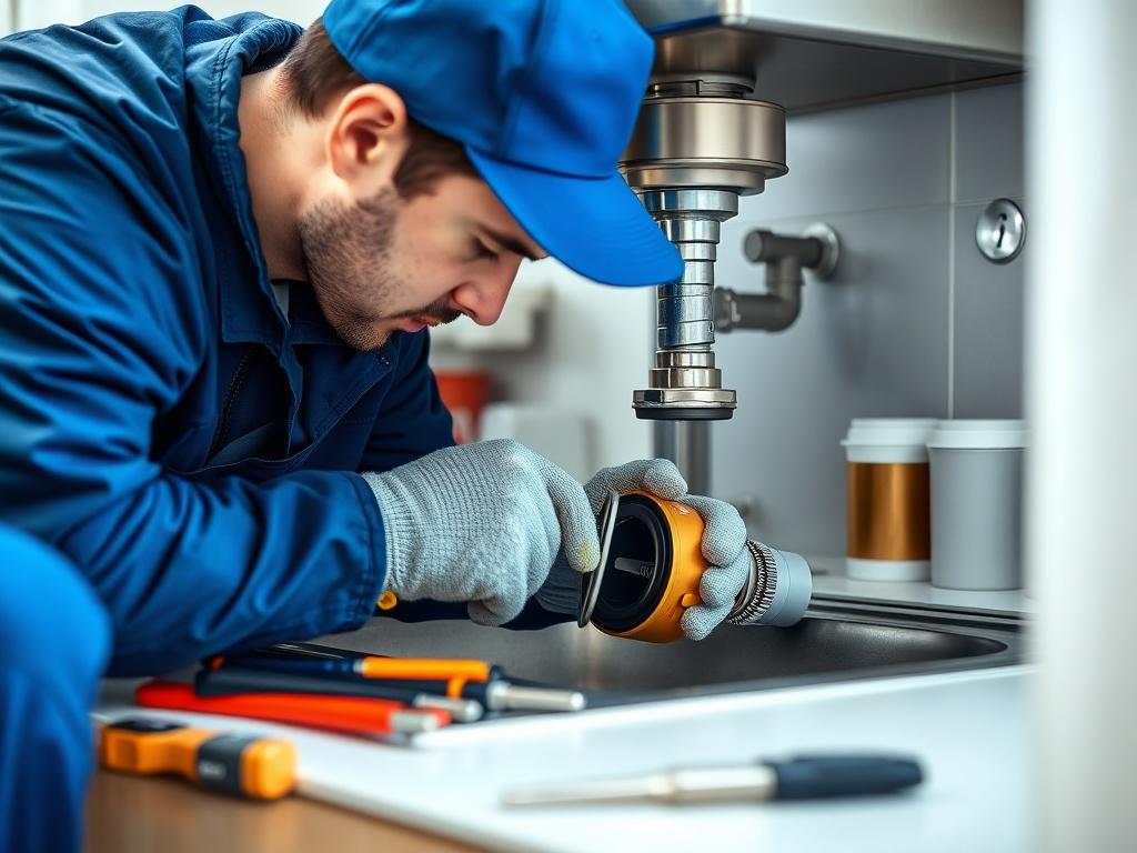 A close-up shot of an appliance technician repairing a garbage disposal under a kitchen sink. The technician, wearing a blue uniform and safety gloves, is focused on the task at hand, with tools scattered nearby. The kitchen environment is clean and well-lit, showcasing a modern aesthetic. The sink is stainless steel, and there are kitchen items neatly organized around it. The background is soft-focused to emphasize the technician and the garbage disposal.