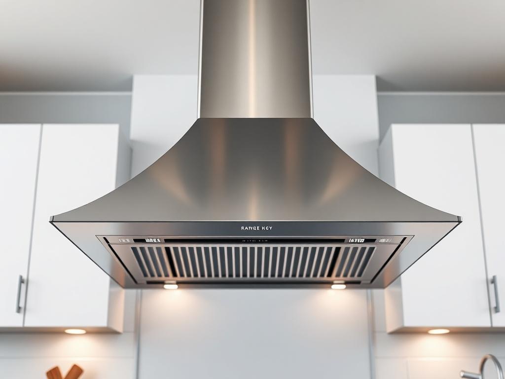 A hyper-realistic close-up shot of a sleek, modern range hood in a stylish kitchen setting. The focus is on the intricate details of the range hood, showcasing its shiny metallic finish and design elements. The background features a clean and bright kitchen with soft lighting, emphasizing the range hood as the central subject. The overall composition is simple and clear, presenting only the range hood as the focal point, ensuring compatibility with the rgb(237, 107, 33) primary color.