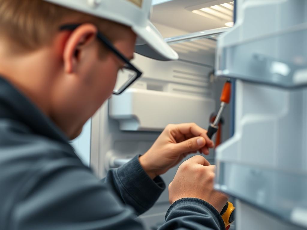 A close-up shot of a technician repairing a refrigerator, focused on the technician's hands working on the appliance. The background is softly blurred to emphasize the repair work being done. The lighting is bright and natural, highlighting the details of the refrigerator and the tools used.