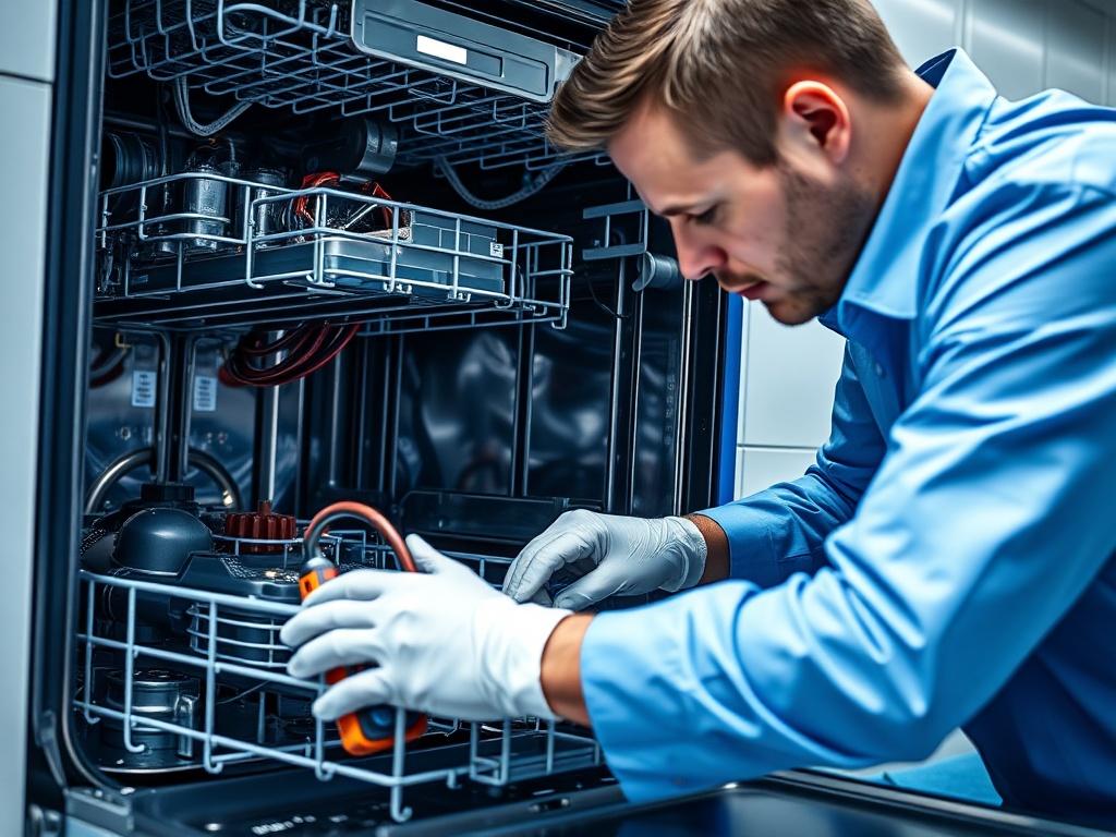 A close-up shot of a technician repairing a modern dishwasher, focusing on the intricate machinery inside. The image should capture the detailed components and tools used in the repair process, with a clean and organized background. The technician should be wearing professional attire, showcasing concentration and expertise. The lighting should be bright to emphasize the clarity of the image, and the color scheme should incorporate the rgb(237, 107, 33) primary color.