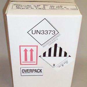hazmat shipping box with signs for biological substances, cat. b, and dry ice