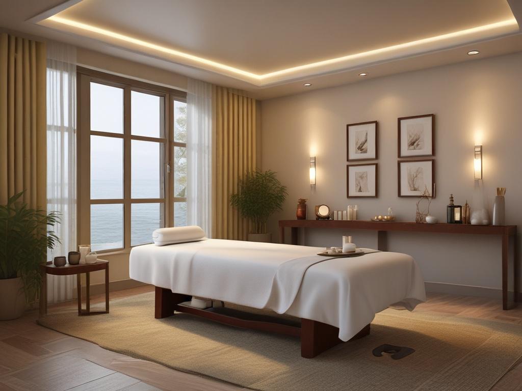An inviting spa room featuring a massage table adorned with