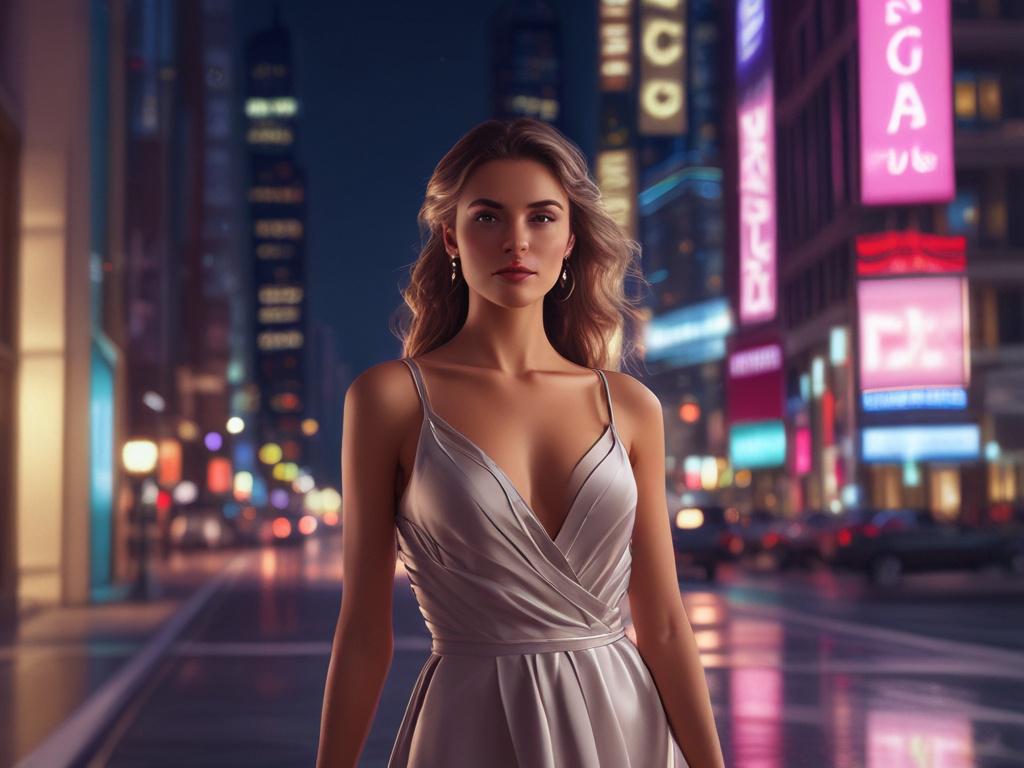 A stunning female escort in an elegant evening gown, standing