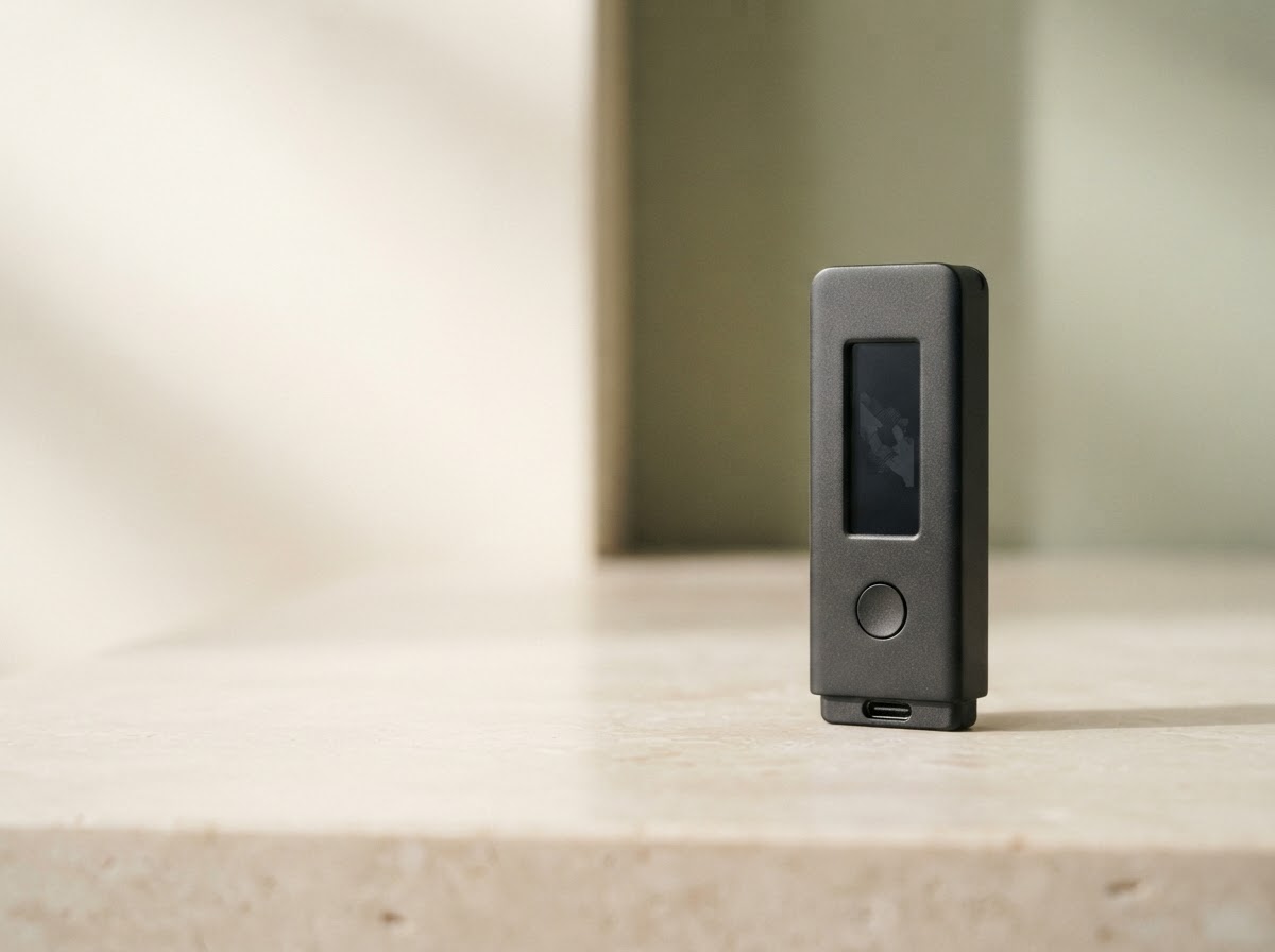 Matte black hardware wallet device on a softly lit surface