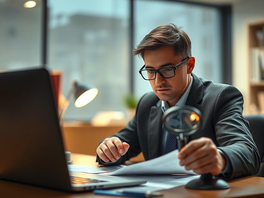 A close up shot of a professional investigator examining documents