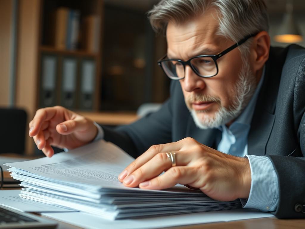A close up shot of a professional reviewing employee files