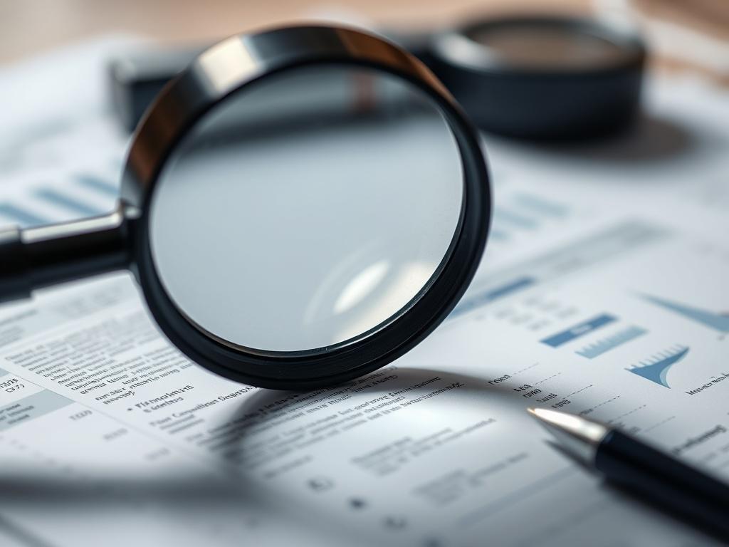 A close up shot of a magnifying glass over financial