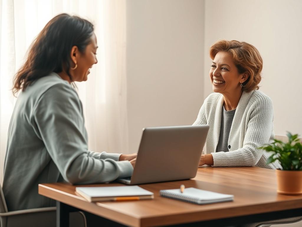 A serene setting featuring a health coach sitting at a