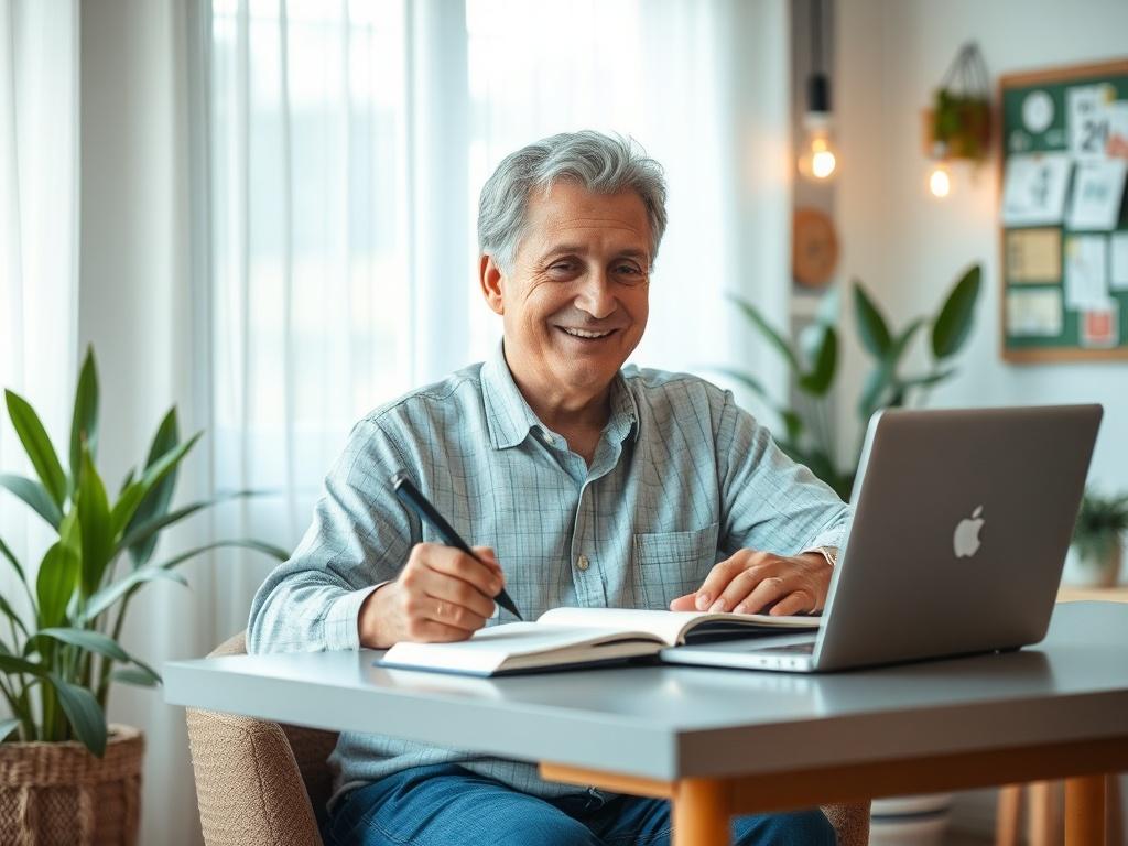 **Prompt for AI Image Generation:**
Create a realistic high-resolution photo that embodies the theme of "Unlocking Your Potential with WE Healthy." The composition should be simple and clear, featuring a single subject—a middle-aged person with a warm smile, radiating positivity and determination, sitting at a modern, cozy workspace. The subject should be engaged in a moment of reflection, perhaps jotting down goals in a journal or reviewing a wellness plan on a laptop. 
The background should be soft and