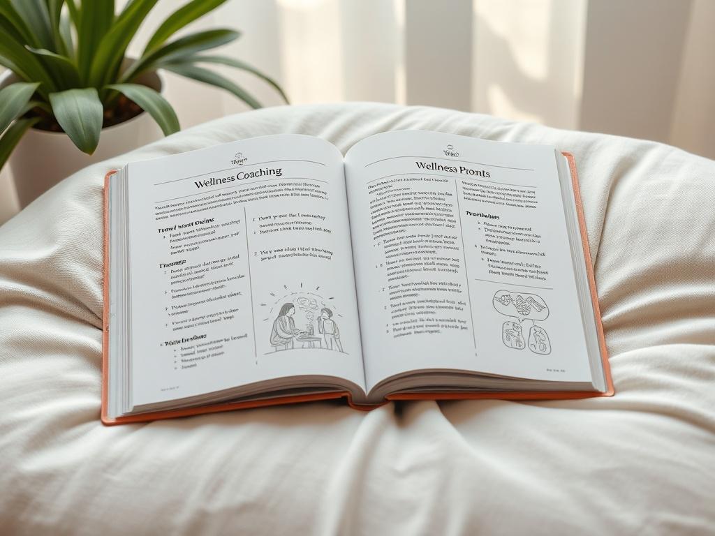A serene high-resolution photo of an open wellness coaching workbook on a soft, textured surface. The pages are filled with encouraging prompts and illustrations, complemented by a calming background of plants and gentle lighting.