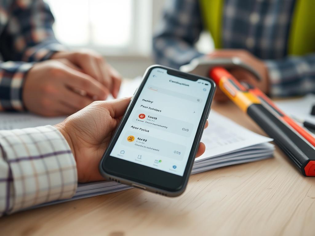 A close-up shot of a construction planner and a smartphone displaying a scheduling app, with a background of construction tools like a hammer and level. The setting is bright and organized, emphasizing efficiency and convenience in scheduling appointments for construction services.