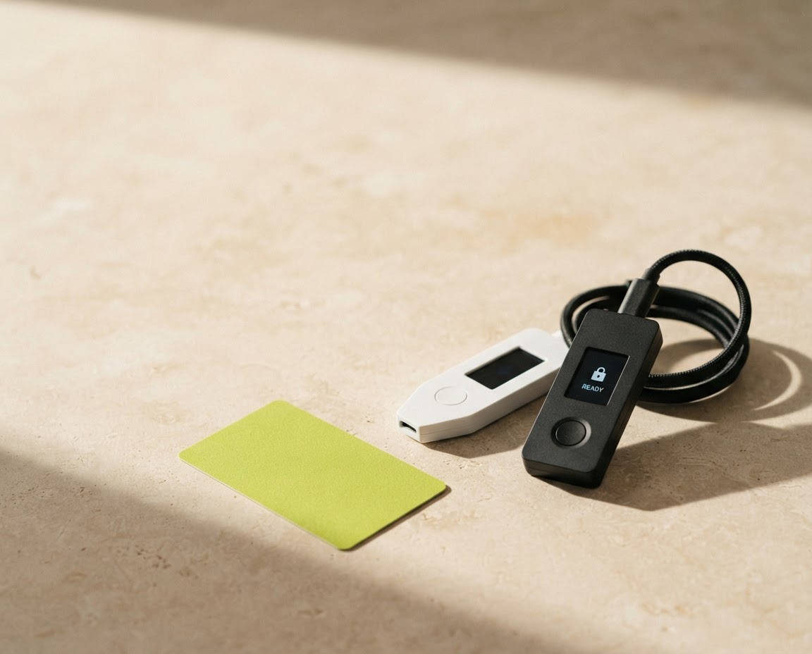 Two compact hardware wallet devices on a pale stone surface
